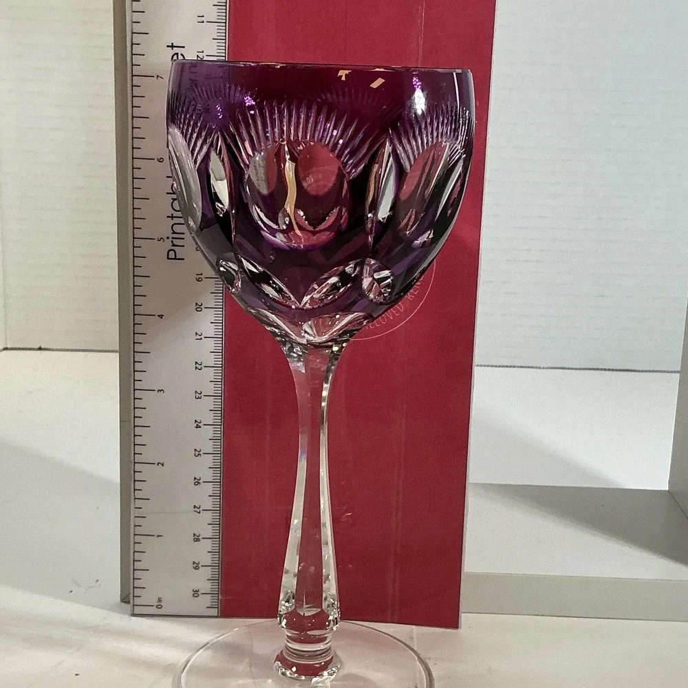 Vintage BOHO Amethyst Purple Cut to Clear Crystal Wine Goblet Faceted Stem 8.25
